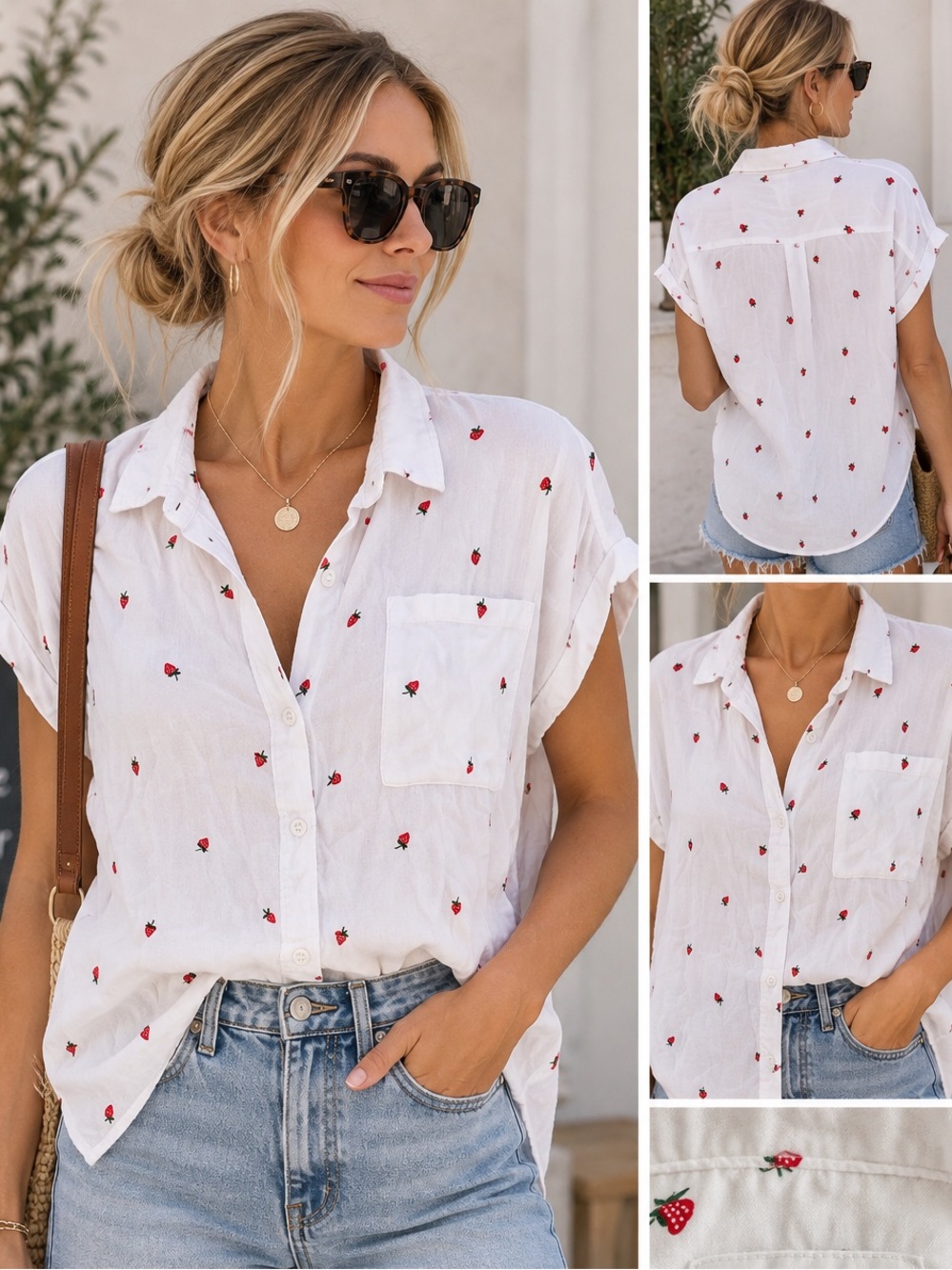 Rails Strawberry Print Button Down Shirt Large White Red Fruit Coastal Summer